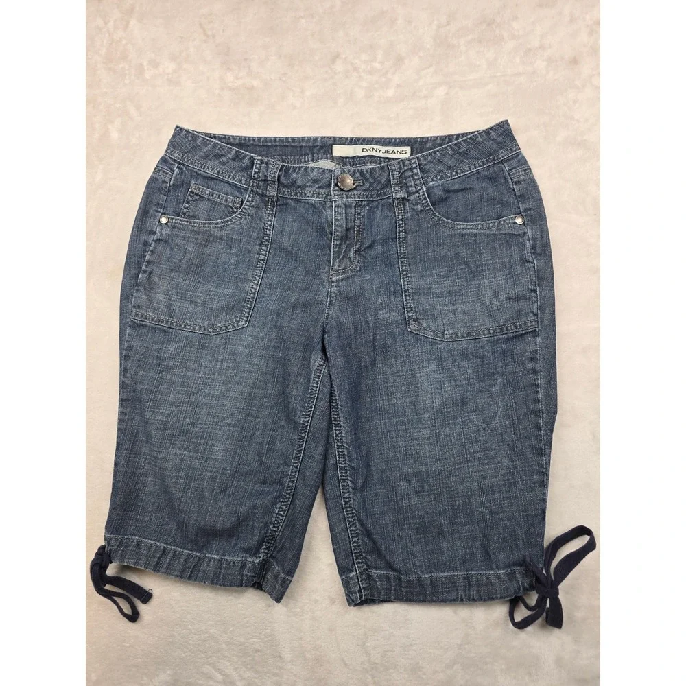 DKNY Jeans Denim Shorts Womens‎ 10 Blue Jean Cotton Tie Hem Casual Bermuda